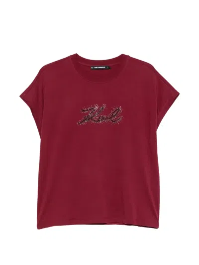 Karl Lagerfeld Rhinestone-logo T-shirt In Burgundy