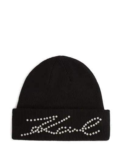 Karl Lagerfeld 水钻缀饰罗纹套头帽 In Black