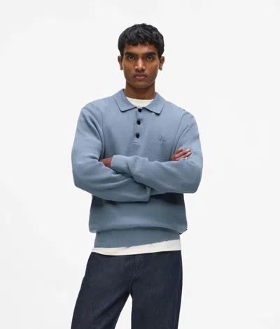 Karl Lagerfeld Rib Knit Long Sleeve Polo Shirt In Blue
