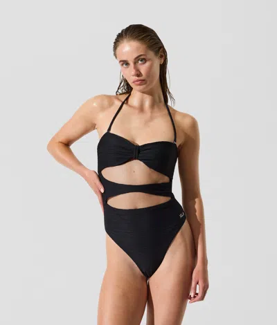 Karl Lagerfeld Ribbed Bandeau Swimsuit In Black