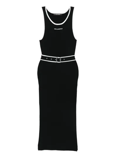 Karl Lagerfeld Ribbed Belt-detail Dress In Black