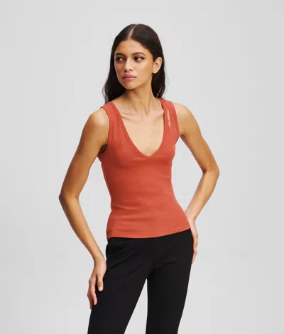 KARL LAGERFELD RIBBED V-NECK TANK TOP