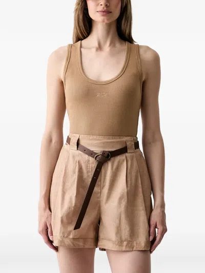 Karl Lagerfeld Ribbed-knit Logo-embroidered Top In Brown