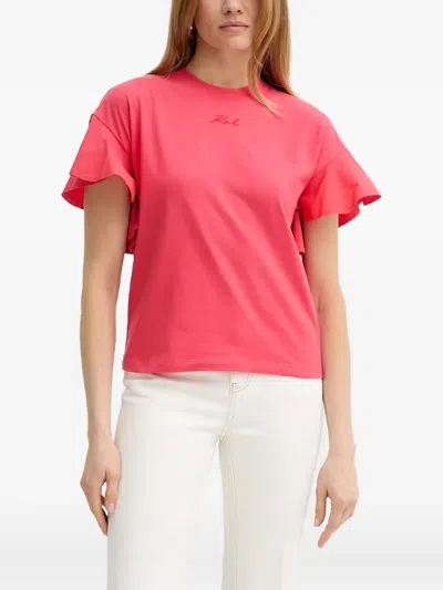 Karl Lagerfeld Ruffle-detail Logo-embroidered Top In Red