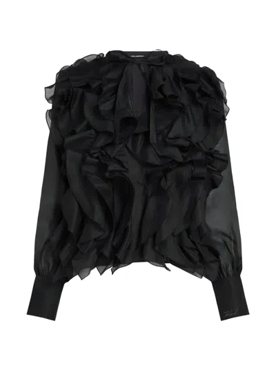 Karl Lagerfeld Ruffled Semi-sheer Blouse In Black