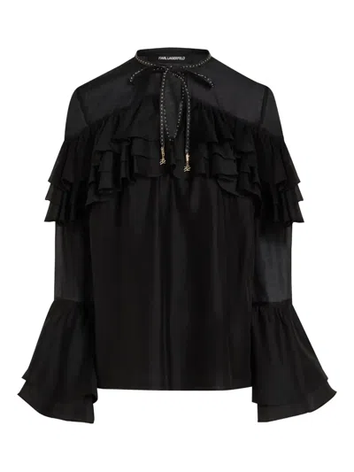 Karl Lagerfeld Ruffled Tie Blouse In Black
