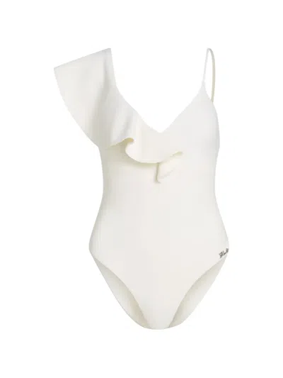 Karl Lagerfeld Ruffle-trim One-shoulder Swimsuit In White
