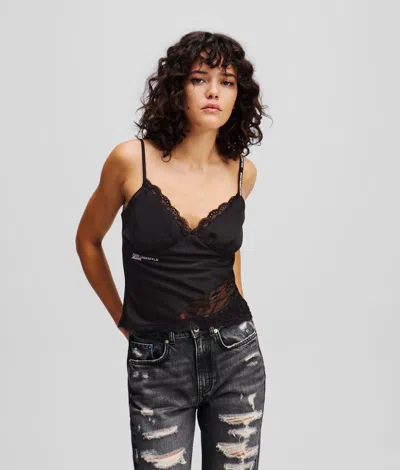 Karl Lagerfeld Satin And Lace Top In Black