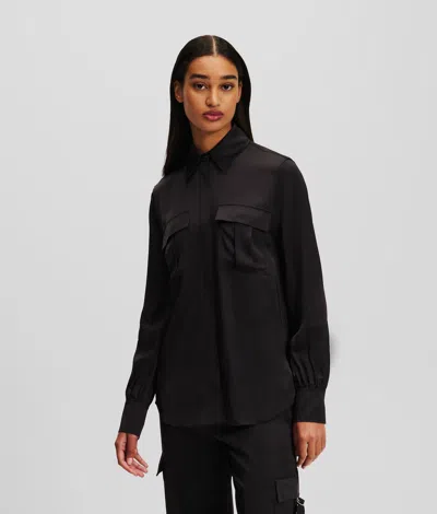 Karl Lagerfeld Satin Cargo Shirt In Black