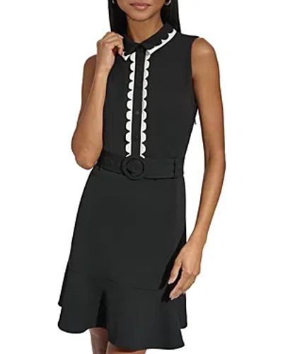 Karl Lagerfeld Scallop Trim Belted A Line Mini Dress In Black/soft White