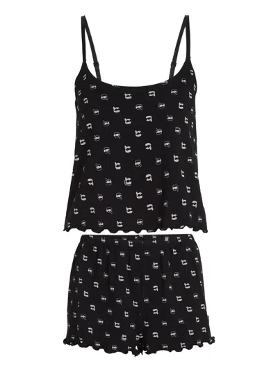 Karl Lagerfeld Scalloped-edge Pajama Set In Black