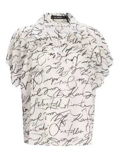 Karl Lagerfeld Script-print Polo-neck Top In Gray
