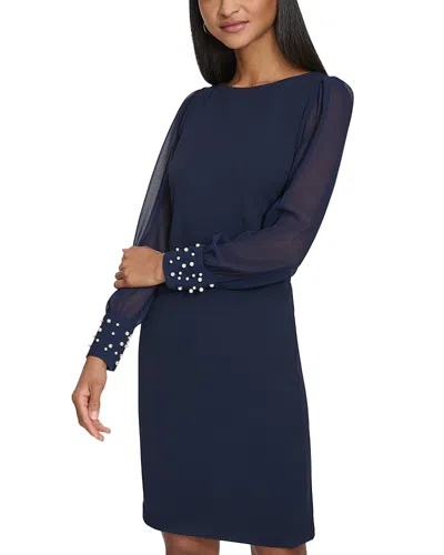Karl Lagerfeld Scuba Crepe Chiffon Sleeve Sheath Dress In Blue