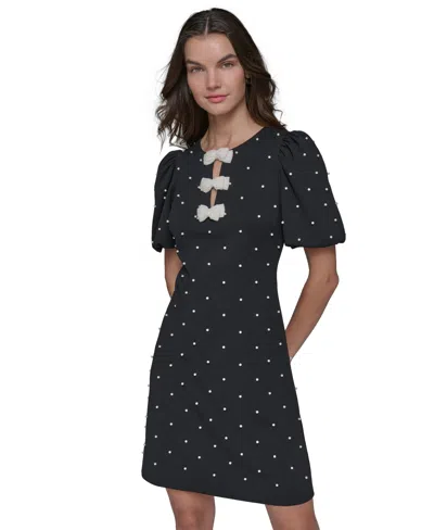 Karl Lagerfeld Scuba Crepe Sheath With Neckline Pearl Bow Details In Black