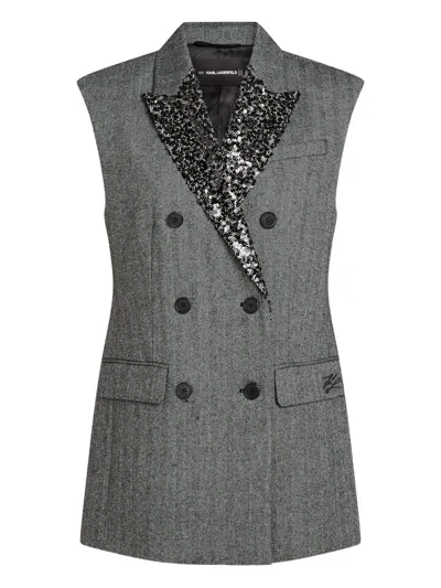 Karl Lagerfeld Sequin-embellished Double-breasted Waistcoat In Gray