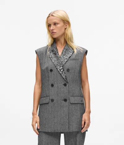 Karl Lagerfeld Sequin Lapel Tweed Gilet In Gray