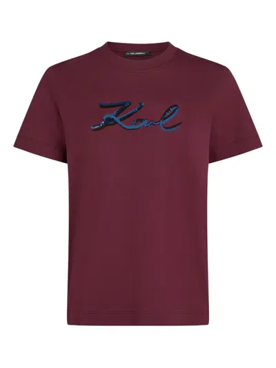 Karl Lagerfeld Sequin-logo T-shirt In Burgundy