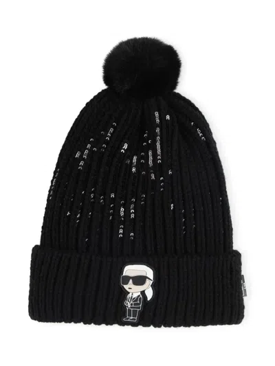 Karl Lagerfeld Kids' Sequinned Pompom Beanie In Black