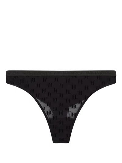 Karl Lagerfeld Sheer Monogram-pattern Thong In Black