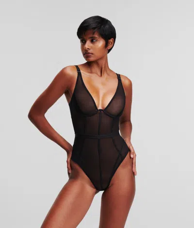 Karl Lagerfeld Sheer Underwired Bodysuit In Black