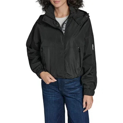 Karl Lagerfeld Short Hooded Logo Rain Jacket In Black
