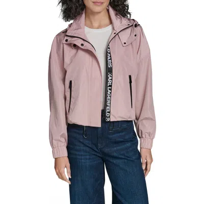 Karl Lagerfeld Short Hooded Logo Rain Jacket In Pink
