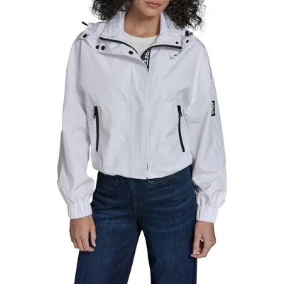 Karl Lagerfeld Short Hooded Logo Rain Jacket In White