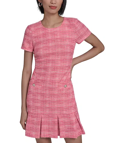 Karl Lagerfeld Short Sleeve Boucle Tweed A Line Dress In Pink
