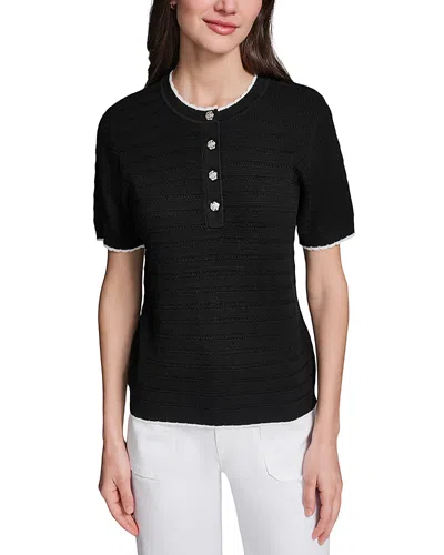 Karl Lagerfeld Short Sleeve Button Front Sweater In Black