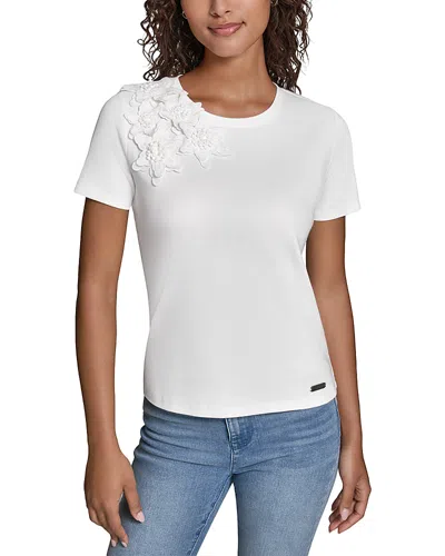 Karl Lagerfeld Short Sleeve Floral Applique Top In White