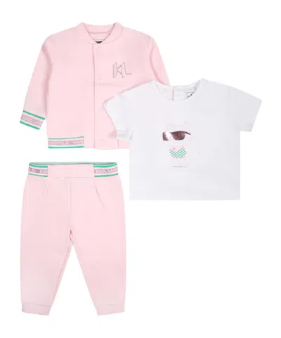 Karl Lagerfeld Short-sleeved T-shirt Long-sleeved Jacket And Pants Three-pack In Pink