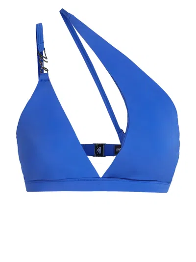 Karl Lagerfeld Signature Asymmetric Bikini Top In Blue