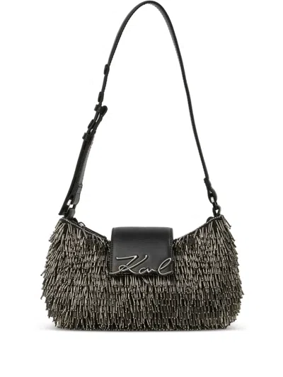 Karl Lagerfeld Signature Beaded Shoulder Bag In Silver