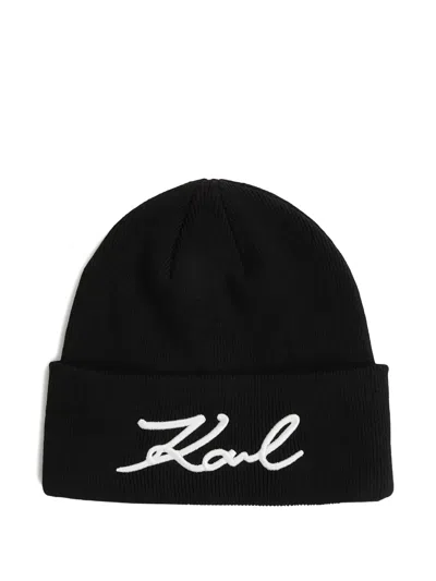 Karl Lagerfeld Signature Beanie Hat In Black