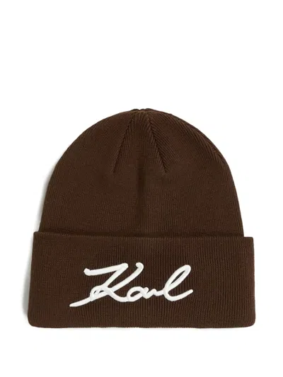 Karl Lagerfeld Signature Beanie Hat In Brown