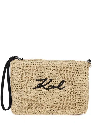 Karl Lagerfeld Signature Crochet Pouch In Neutral