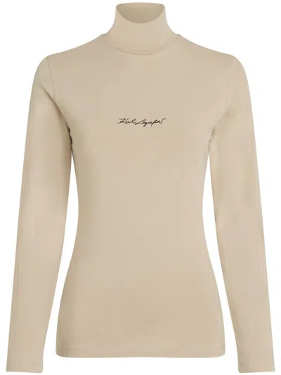 Karl Lagerfeld Signature-embroidered T-shirt In Neutrals