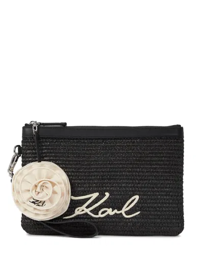 Karl Lagerfeld Signature Flower Raffia Pouch In Black