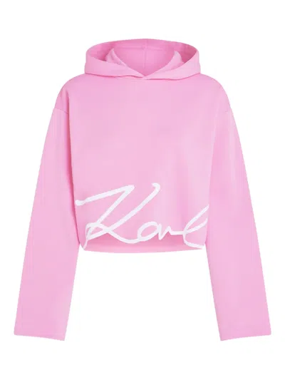 Karl Lagerfeld Signature-hem Hoodie In Pink