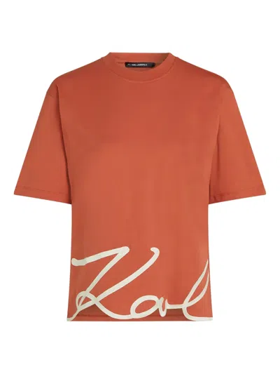 Karl Lagerfeld Signature-hem T-shirt In Orange