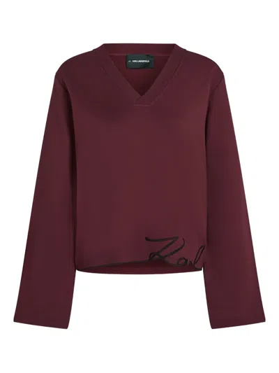 Karl Lagerfeld Signature-hem V-neck Sweater In Blue