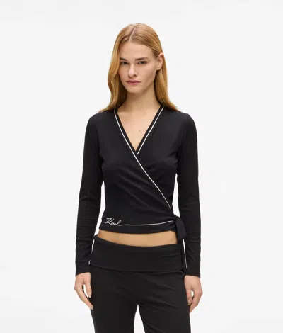 Karl Lagerfeld Signature Loungewear Wrap Top In Black