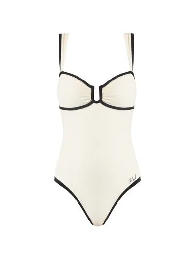 Karl Lagerfeld Signature Piped Swimsuit In White