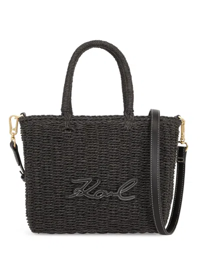 Karl Lagerfeld Signature Raffia Beach Tote Bag In Black