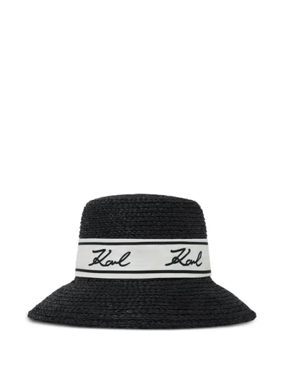 Karl Lagerfeld Signature Raffia Hat In Black