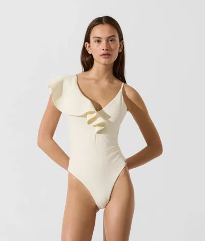 Karl Lagerfeld Signature Ruffle Swimsuit In White
