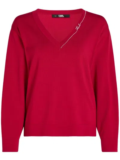 Karl Lagerfeld Signature V-neck Jumper In 红色