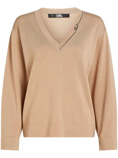 Karl Lagerfeld Signature V-neck Jumper In Neutrals