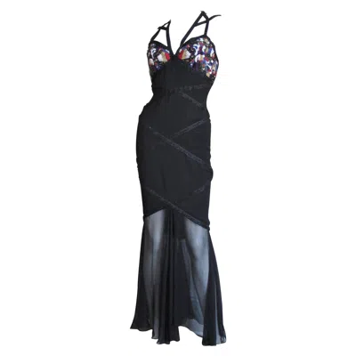 Pre-owned Karl Lagerfeld Silk Ss 1993 Ad Campaign Halter Gown With Beading In Black