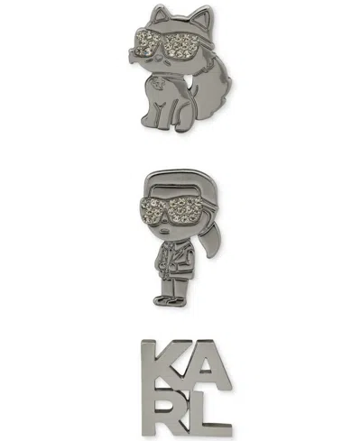 Karl Lagerfeld Silver-tone 3-pc. Set Pave Karl & Choupette Pins In Crystal,silver